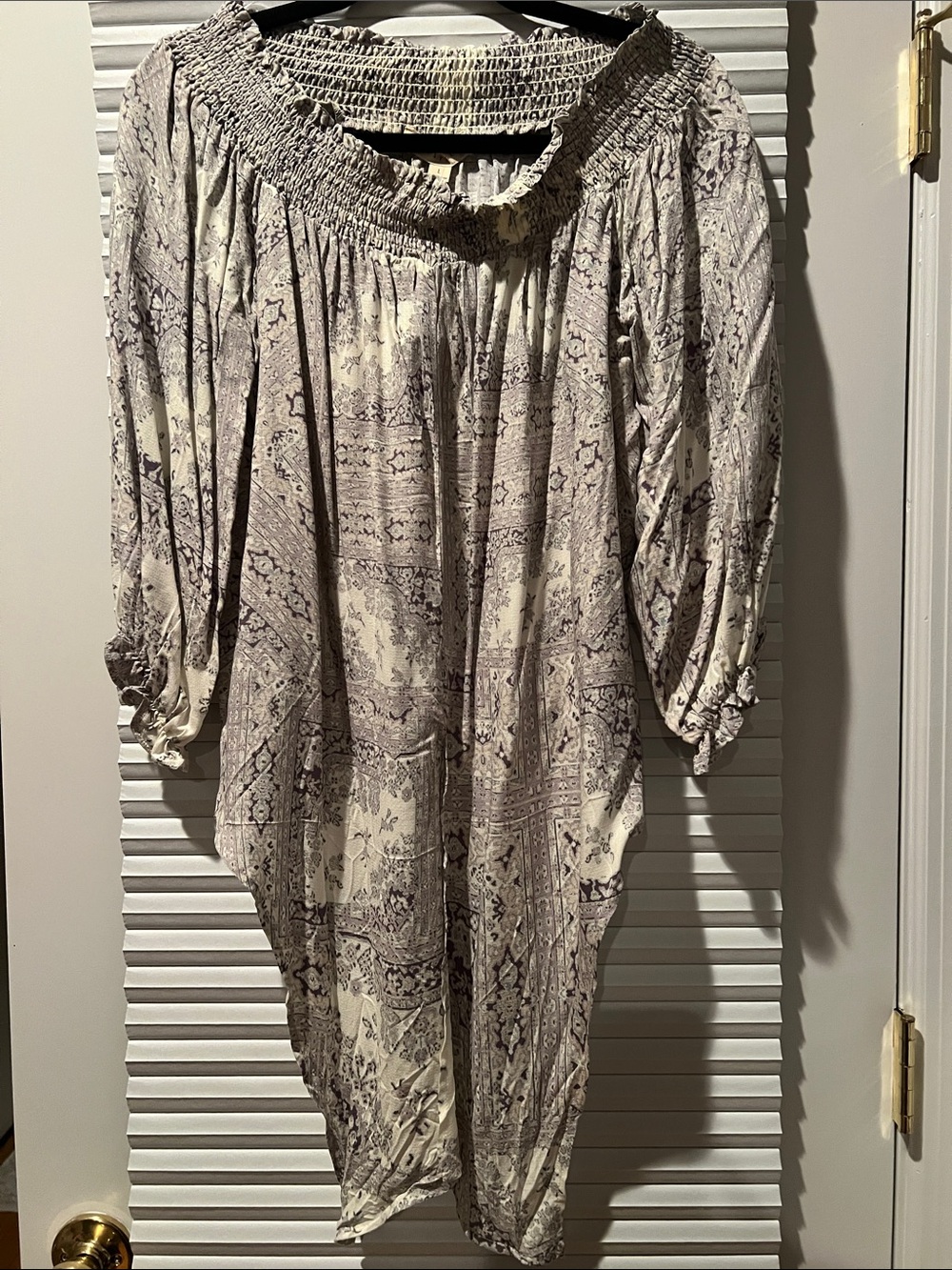 lovestitch Cream and Gray Boho Smocked Neck Tunic